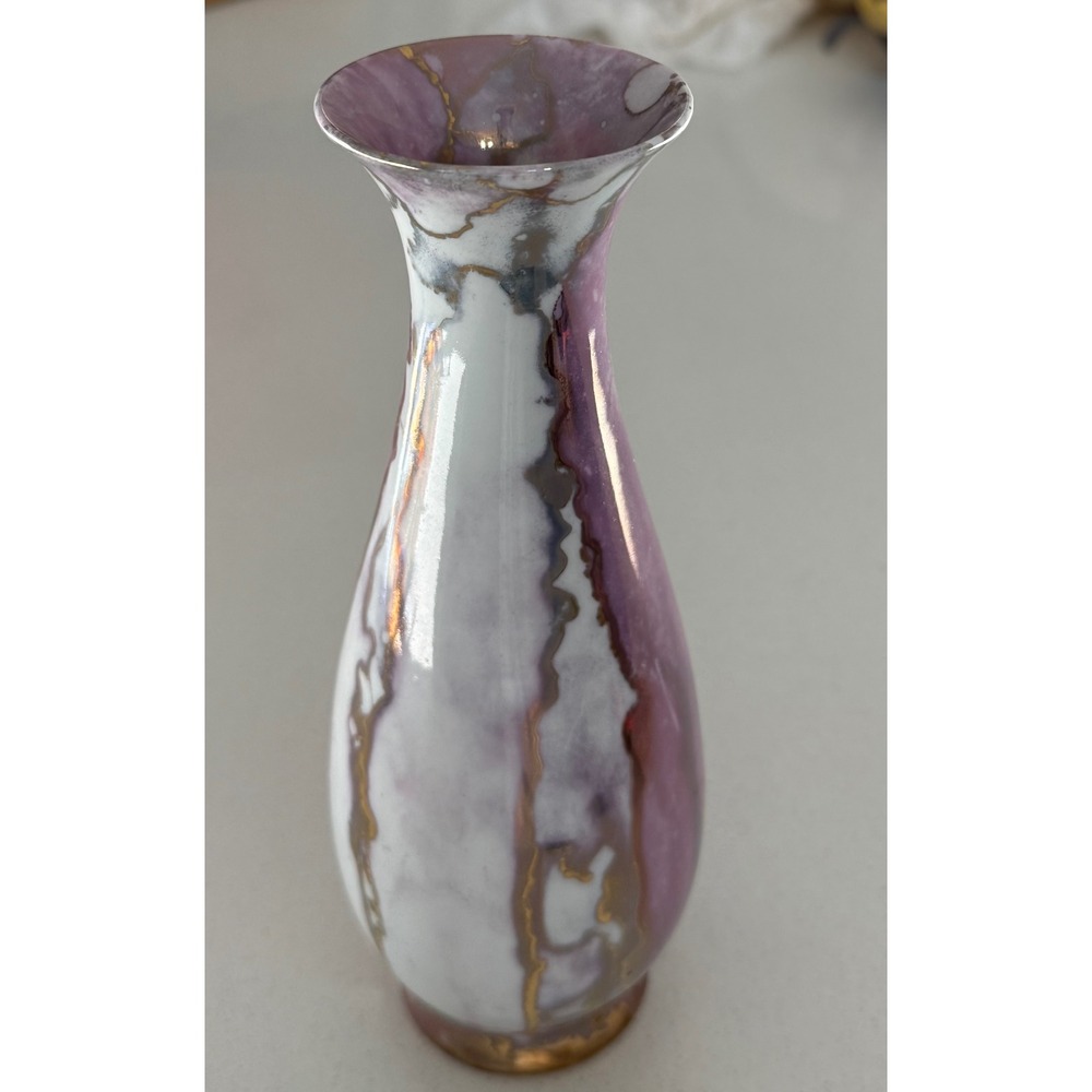 Elegant Porcelain studio Pottery Vase Amethyst White Gold Swirl Accents‎ 8.25"